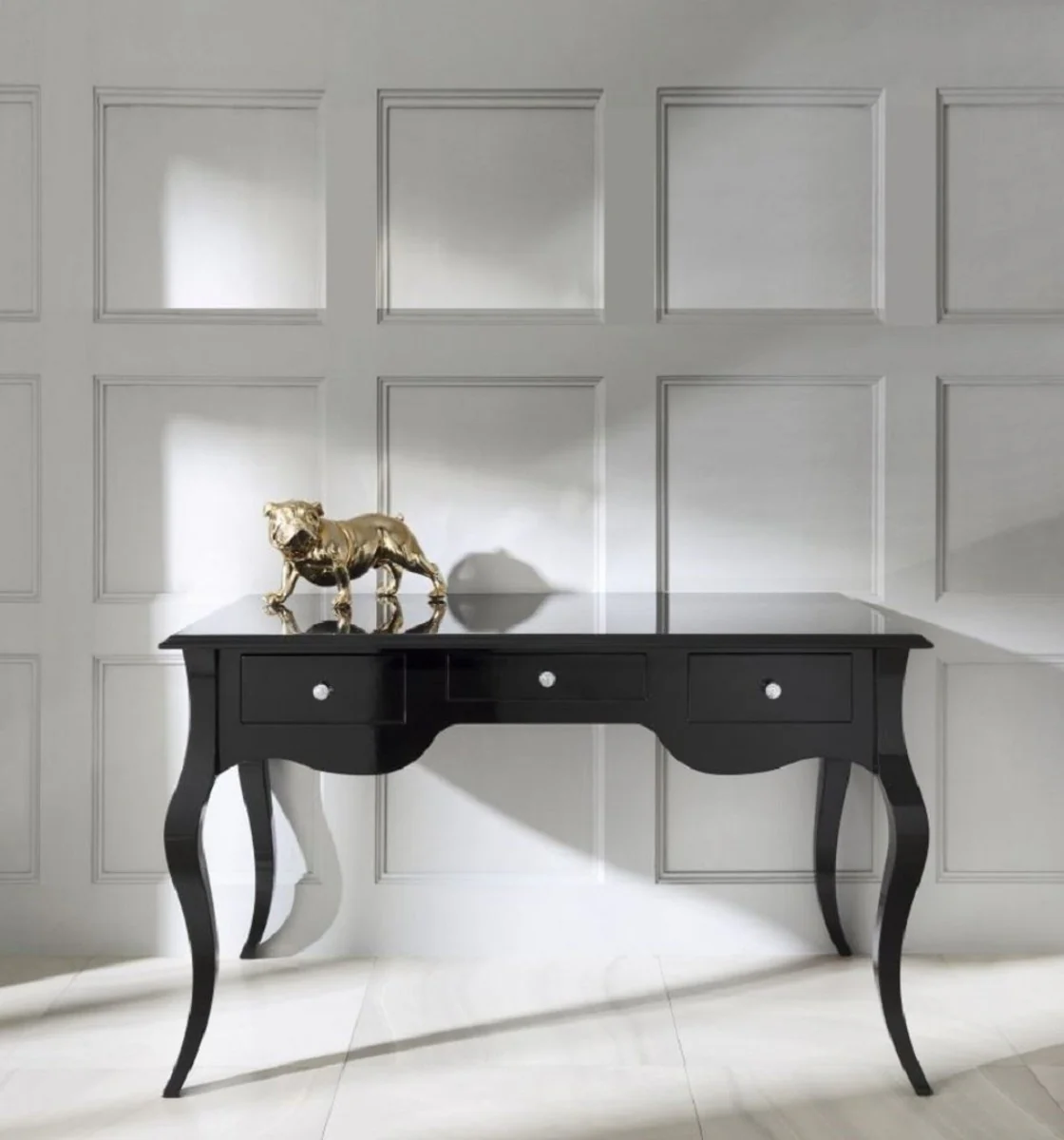 Casa Padrino secretario barroco de lujo con 3 cajones negro alto brillo 130 x 75 x A. 80 cm - Escritorio de madera maciza de estilo barroco - Muebles de oficina barrocos de lujo