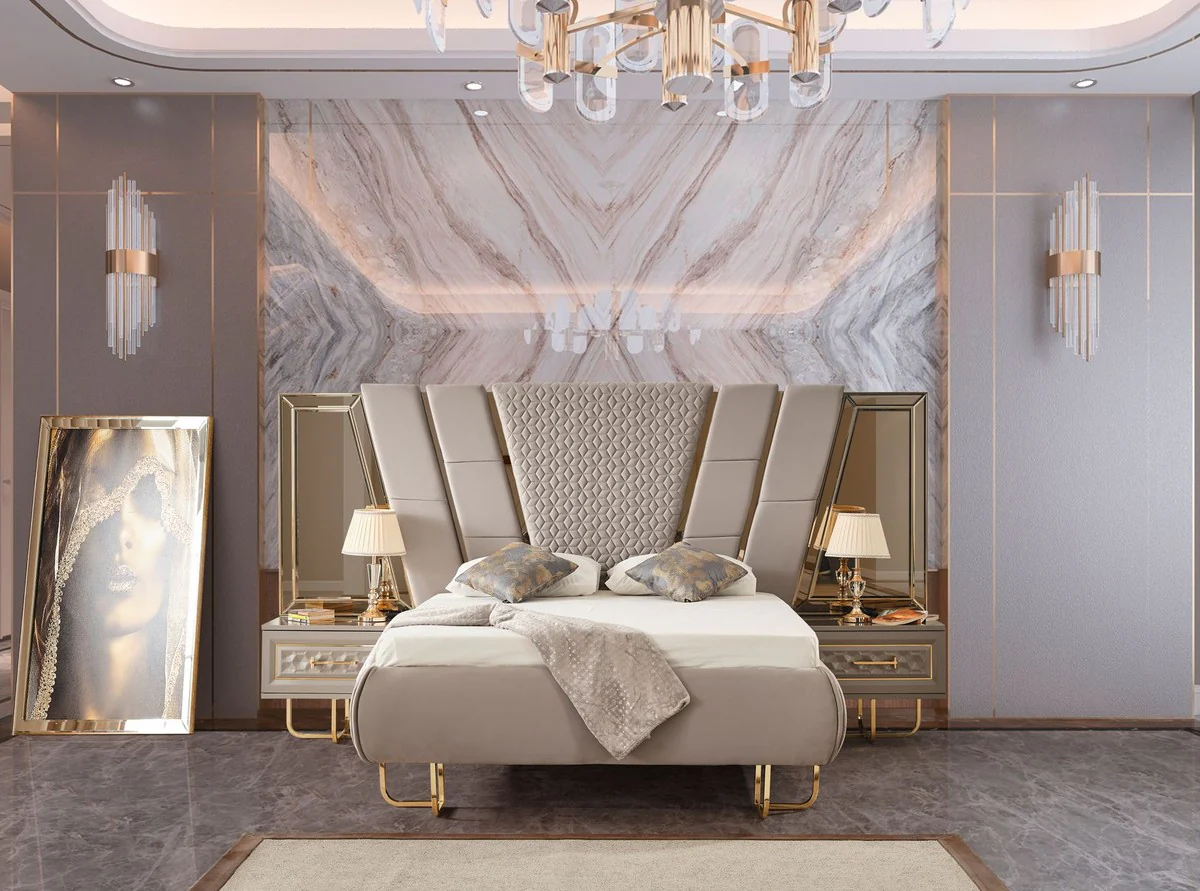 Casa Padrino Conjunto de Dormitorio Art Deco de Lujo Gris / Oro - 1 Cama Matrimonial con Cabecero y 2 Mesitas de Noche - Muebles de Dormitorio - Muebles Art Deco - Muebles de Lujo