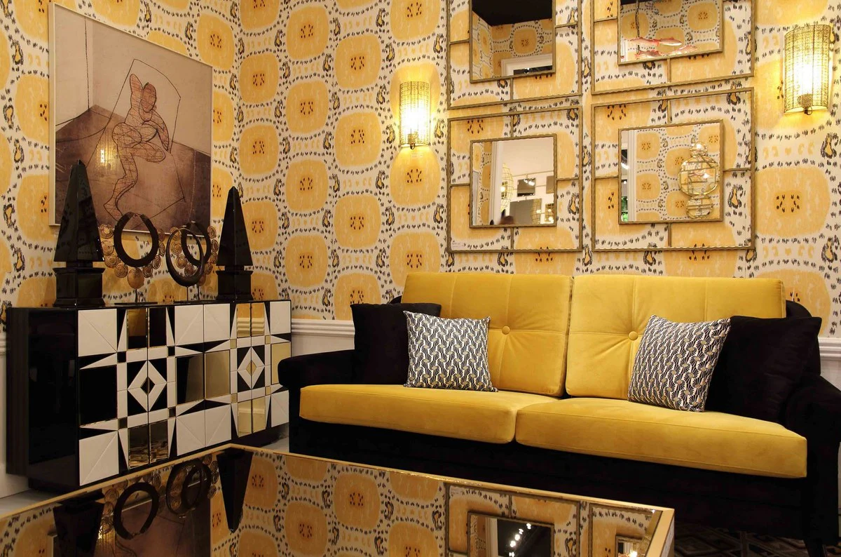 Casa Padrino aparador de lujo negro / blanco / oro 140 x 45 x A. 80 cm - Armario de madera maciza con 4 puertas espejadas - Muebles de Lujo