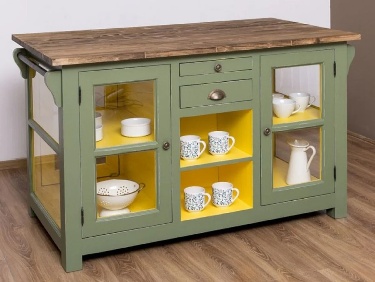 Casa Padrino isla de cocina de estilo campestre verde / amarillo / marr¨®n 150 x 90 x A. 90 cm - Gabinete de cocina de madera maciza - Mueble de comedor de madera maciza estilo campestre