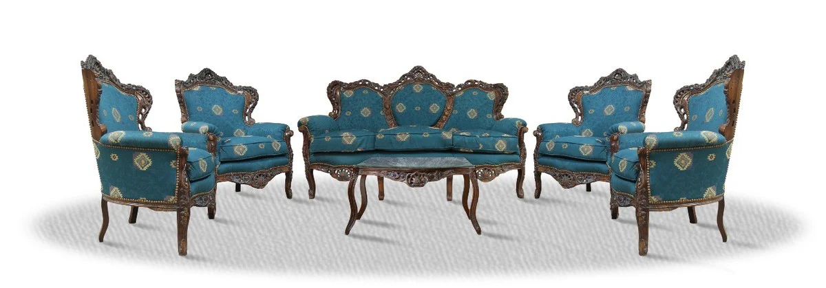 Casa Padrino baroque sofa set 3 seat sofa 4 armchairs and table with glass top - Antique Furniture