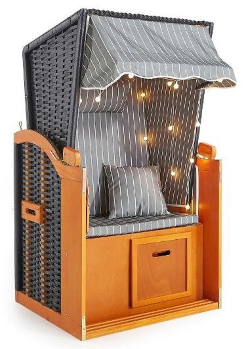 Casa Padrino silla de playa marr¨®n / negro / gris / blanco 81 x 72 x A. 160 cm - Silla de playa de madera con techo e iluminaci¨®n LED - Muebles de jard¨ªn - Muebles de piscina - Muebles de exterior