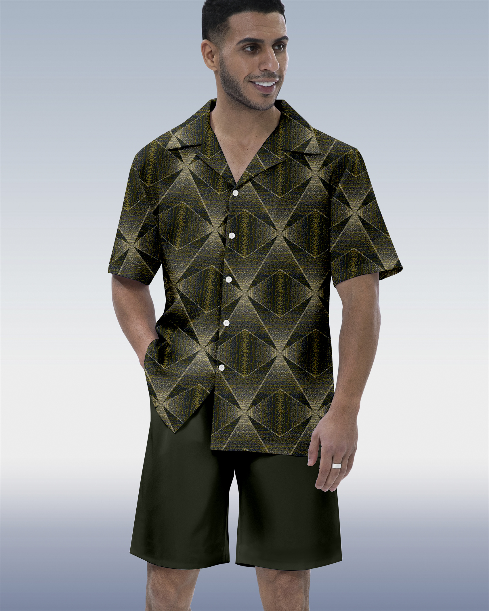 Men's Vacation Bowling Cuban Collar Short Sleeve Shirt Set 063