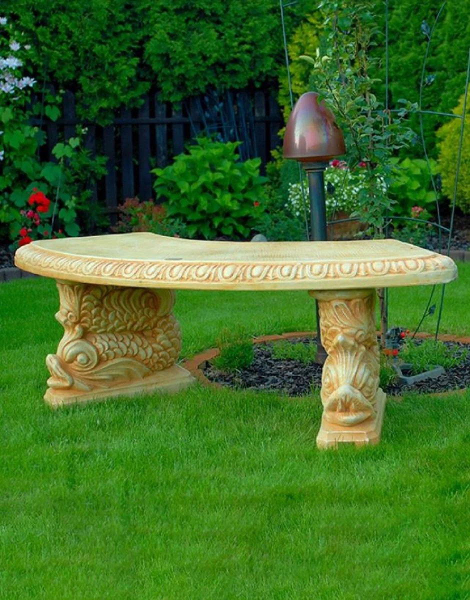 Casa Padrino banco de jard¨ªn de piedra arena / beige 156 x 46 x A. 49 cm - Banco de jard¨ªn curvo de estilo oriental - Banco de jard¨ªn de piedra - Muebles de jard¨ªn de estilo oriental