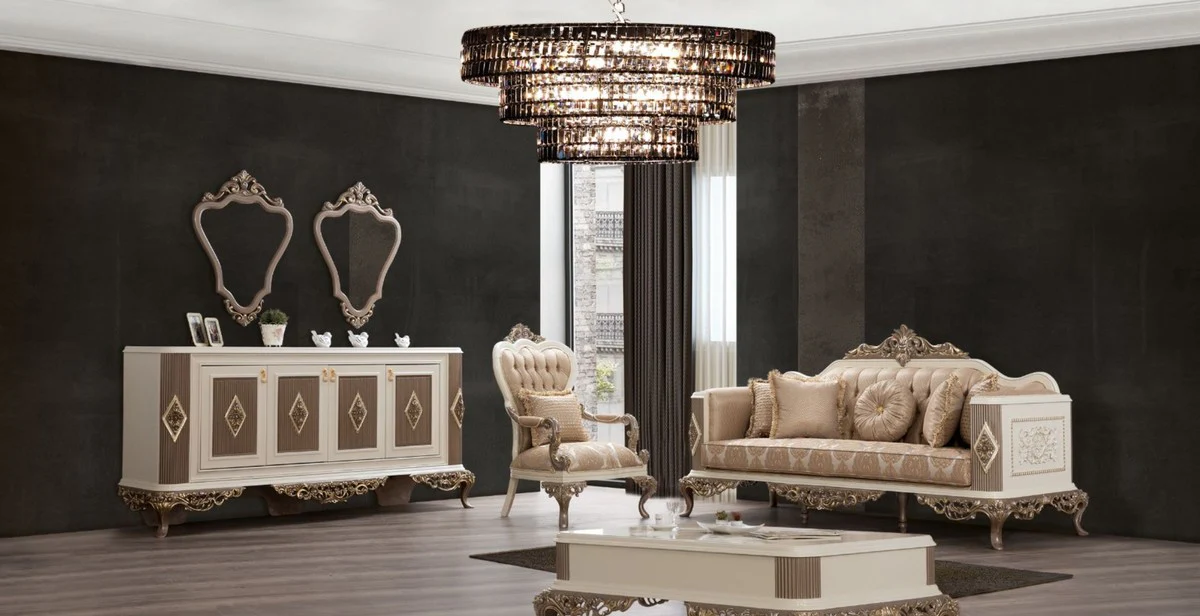 Casa Padrino mesa de centro barroco de lujo blanco / marr¨®n / oro 130 x 92 x A. 50 cm - Magn¨ªfica mesa de sal¨®n hecha a mano en estilo barroco - Muebles Barrocos