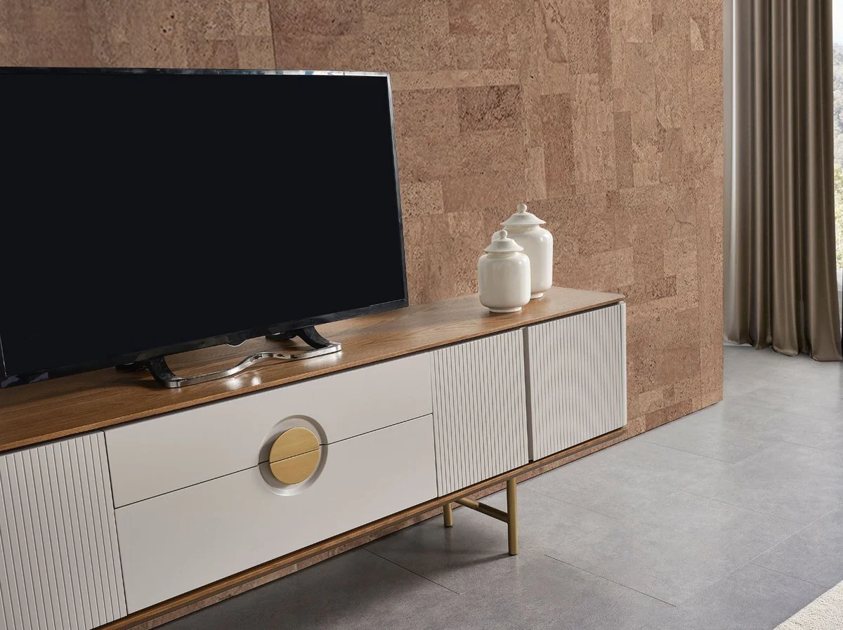 Casa Padrino conjunto de gabinete de TV para sala de estar de lujo gris claro / marrón / latón - 1 Gabinete de TV y 1 Estante de Pared - Muebles de salón de madera maciza - Muebles de lujo