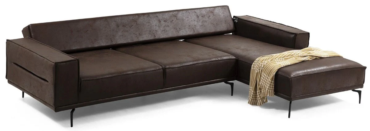 Casa Padrino sof¨¢ esquinero de lujo marr¨®n / negro 305 x 185 cm - Sof¨¢ de sal¨®n moderno con piel sint¨¦tica nubuck - Sof¨¢ cama de lujo - Muebles de sal¨®n de lujo