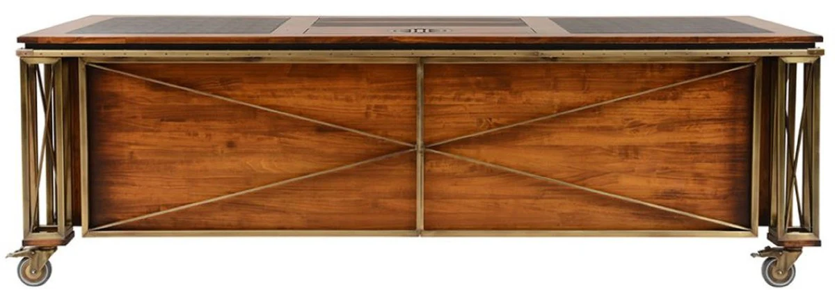 Casa Padrino escritorio de estilo vintage de lujo marrón / latón / negro 234 x 98,5 x A. 75 cm - Mesa de oficina de madera maciza con ruedas - Muebles de oficina estilo vintage