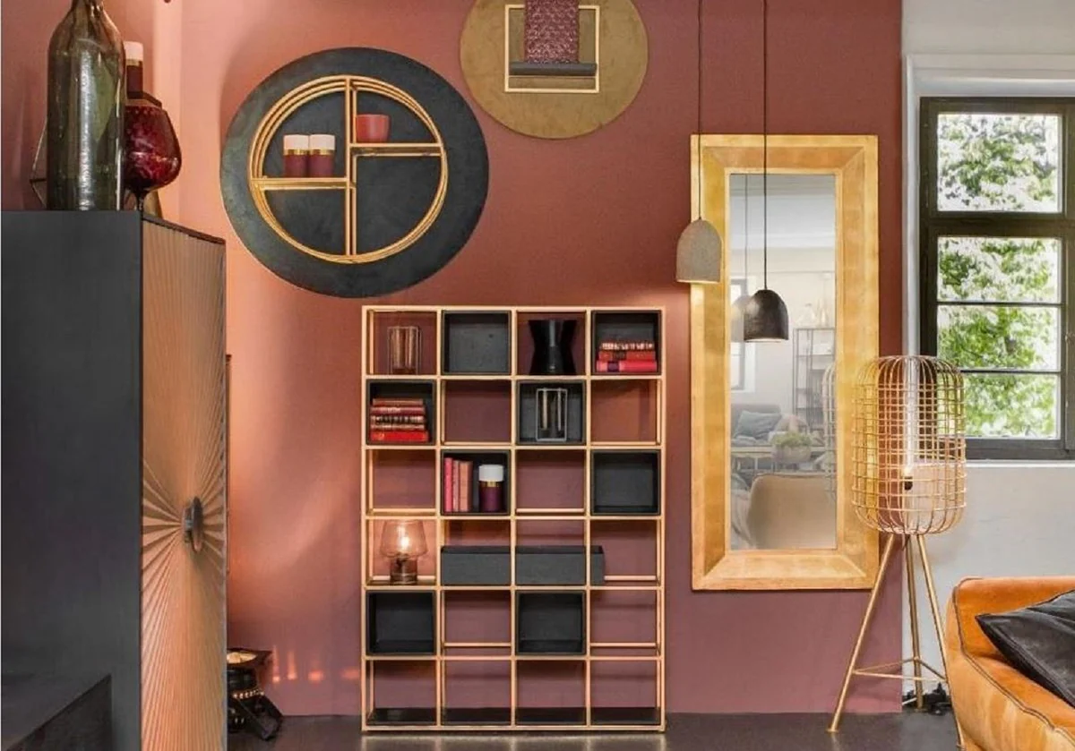 Casa Padrino armario de estanter¨ªa de metal de lujo con compartimentos de madera lat¨®n / negro A. 160 cm