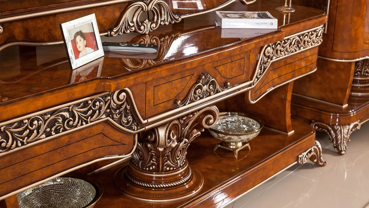 Casa Padrino armario de TV barroco de lujo marrón / bronce - Magnífico aparador de salón con pared trasera - Muebles de salón barrocos - Noble y Magnífico