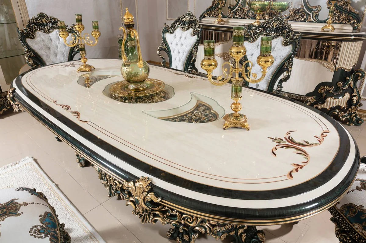 Casa Padrino conjunto de comedor barroco de lujo blanco / verde / oro - 1 Mesa de Comedor Barroco y 6 Sillas de Comedor Barrocos - Muebles de comedor barrocos - Muebles de lujo en estilo barroco