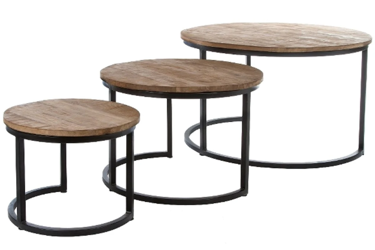 Casa Padrino conjunto de mesitas de lujo de 3 natural / negro ? 78 x H. 48 cm - Mesitas Redondas con Base de Metal Semicircular