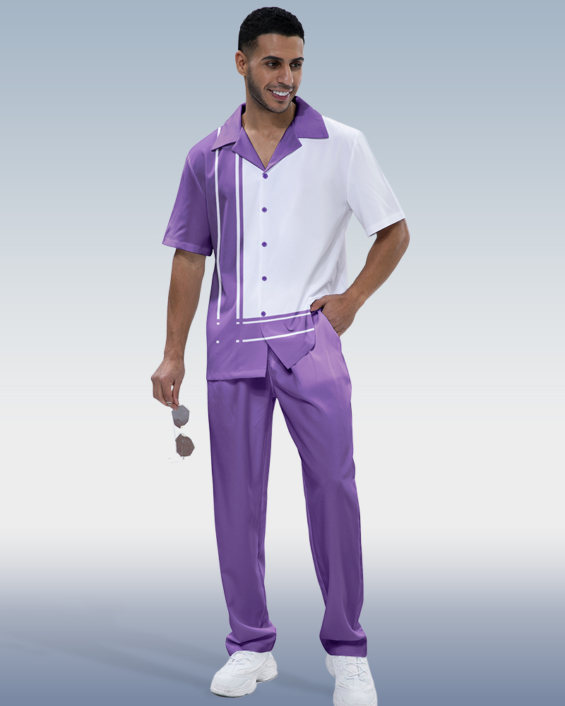 Purple Panel Print Short Sleeve Walking Suit
