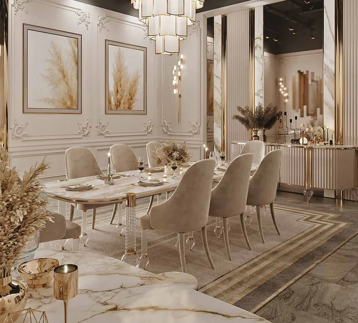 Casa Padrino aparador Art Deco de lujo blanco / gris / oro 246 x 60 x A. 89 cm - Gabinete noble de madera maciza con 4 puertas y tapa de mármol artificial - Muebles Art Deco - Calidad de Lujo