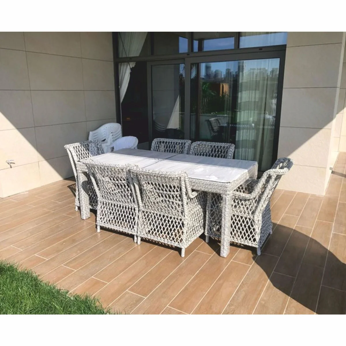 Casa Padrino conjunto de muebles de jard¨ªn de rat¨¢n de lujo gris - 1 Mesa de jard¨ªn y 6 Sillas de jard¨ªn