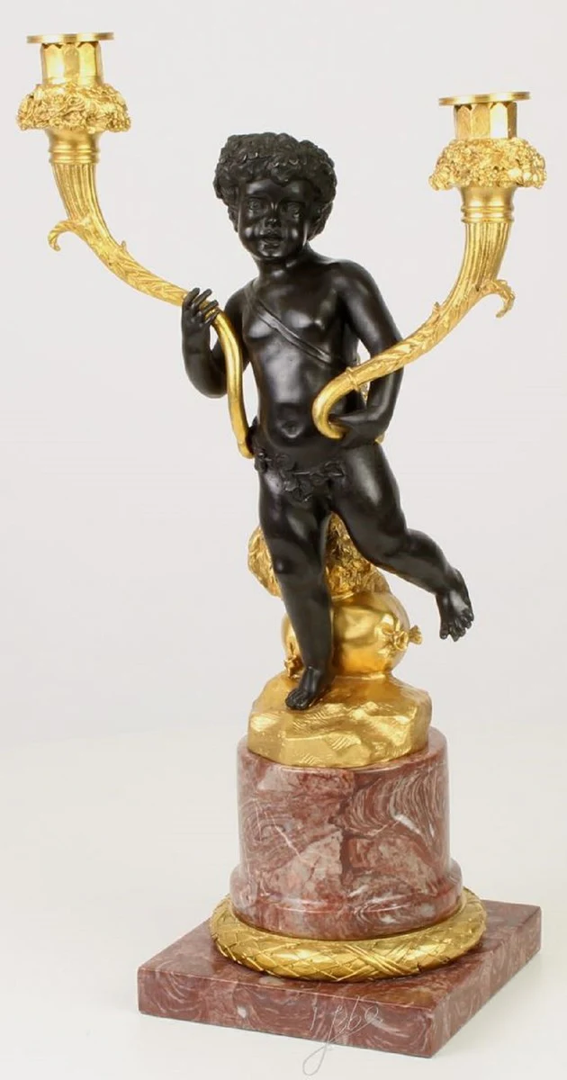 Casa Padrino Candelero Doble Barroco Negro / Oro / Rojo 26 x 15,1 x H. 48 cm - Portavelas Noble en Estilo Barroco