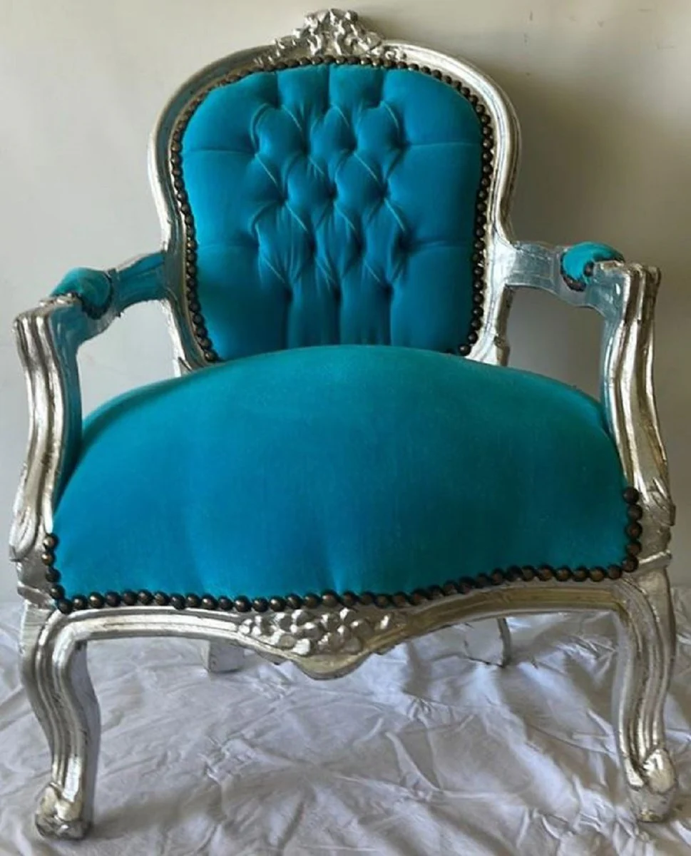 Casa Padrino silla infantil barroco con reposabrazos turquesa / plata - Silla de estilo antiguo hecha a mano - Muebles infantiles barrocos - Muebles de habitación infantil barrocos