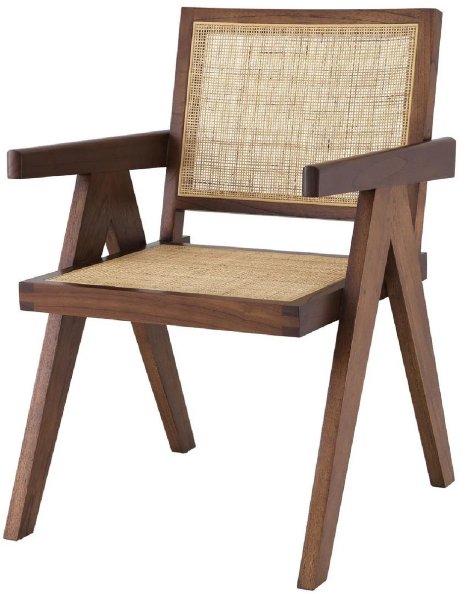 Casa Padrino silla de comedor de lujo marr¨®n / natural 57 x 65,5 x A. 90 cm - Silla de madera maciza con reposabrazos y rat¨¢n tejido a mano - Muebles de comedor de lujo