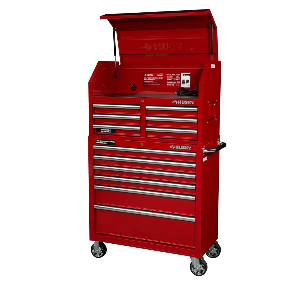 36 IN. W 12-DRAWER COMBINATION TOOL CHEST AND CABINET COMBO IN GLOSS RED