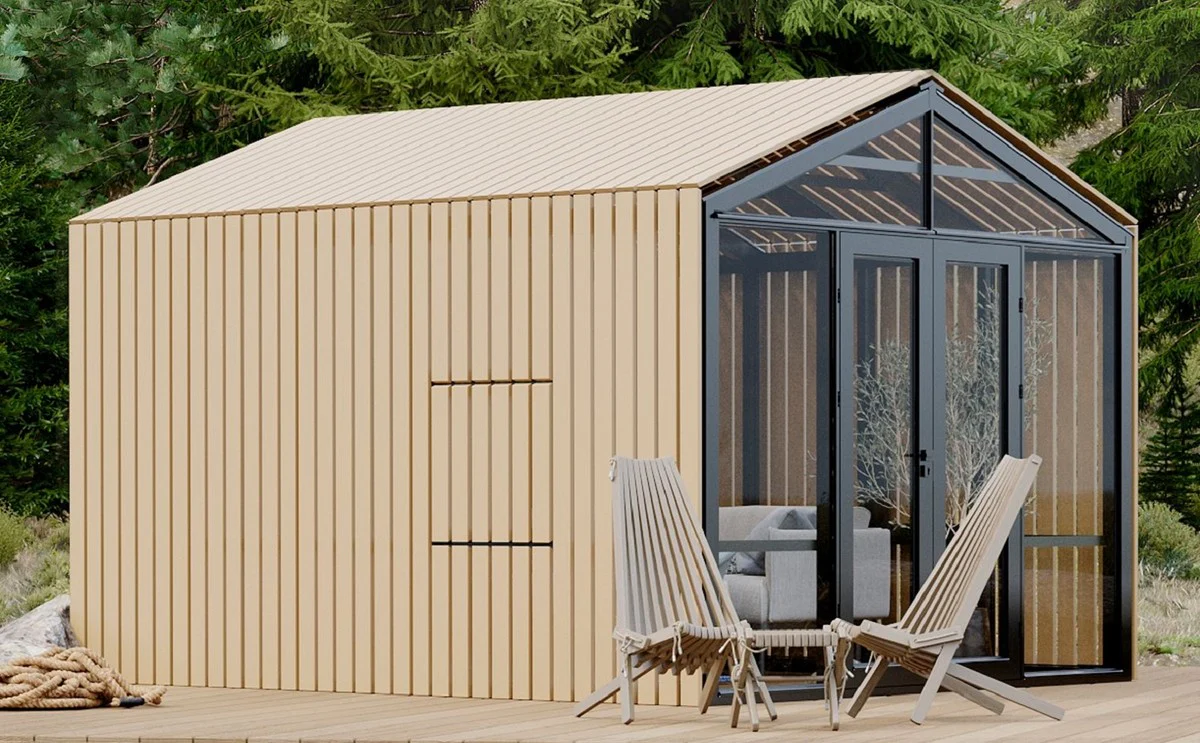 Casa Padrino Casa de Jard¨ªn de Lujo Negro / Beige 400 x 300 x A. 276,2 cm - Casa de Jard¨ªn de Madera Maciza con Ventanas y Puertas de Vidrio - Casas de jard¨ªn modernas - Casas de jard¨ªn de lujo