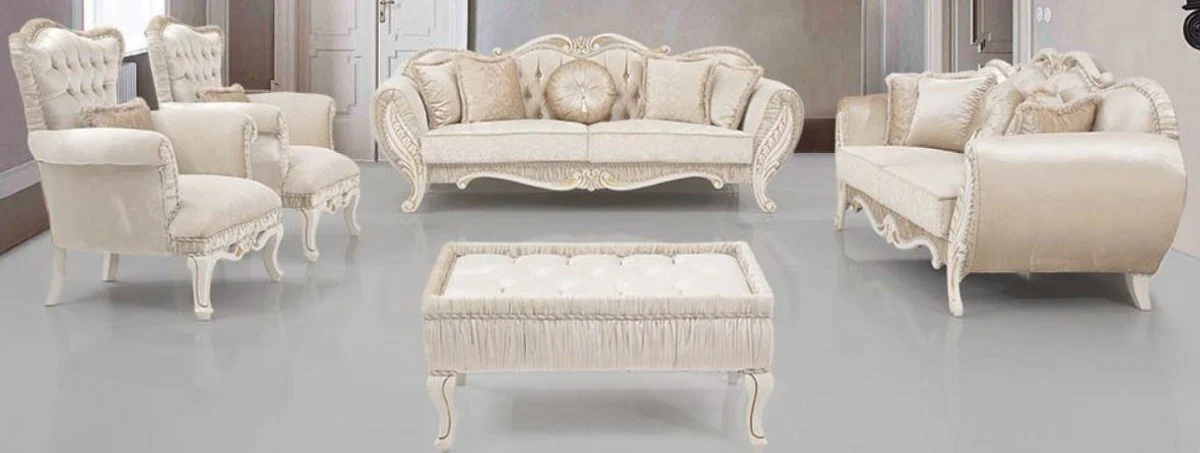 Casa Padrino conjunto de sala de estar barroco de lujo beige / crema / oro - 2 Sof¨¢s y 2 Sillones y 1 Mesa Auxiliar - Muebles de sala en estilo barroco - Noble y Adornado