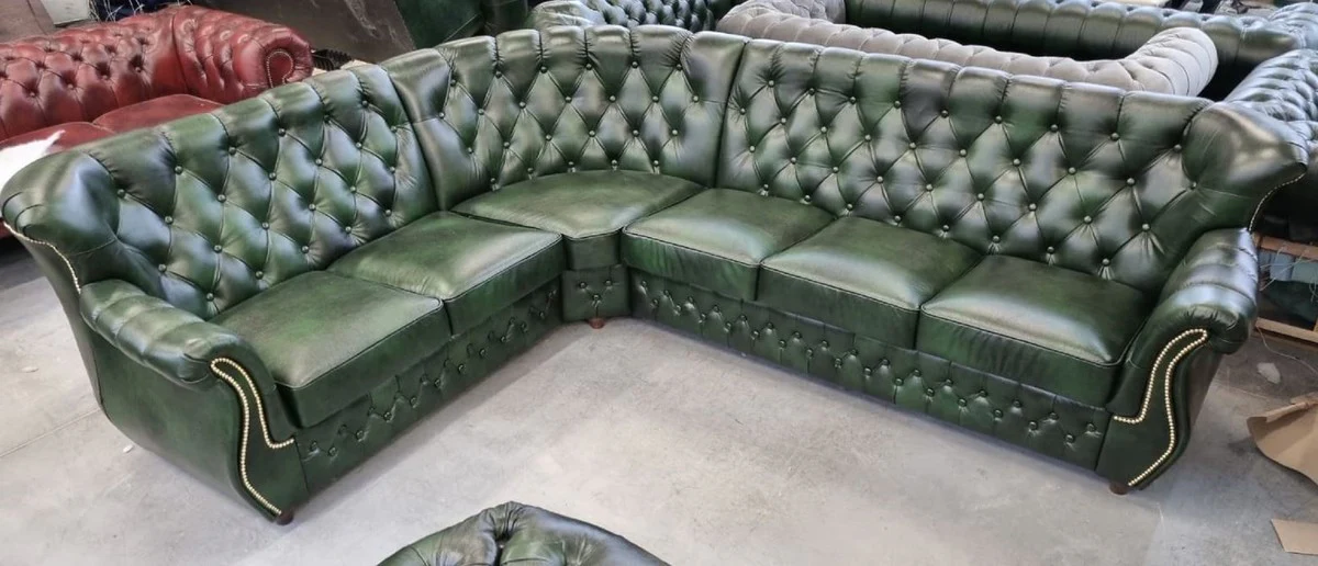 Casa Padrino sof¨¢ esquinero Chesterfield de lujo de piel verde vintage 290 x 240 x A. 80 cm - Sof¨¢ de sal¨®n de cuero genuino - Muebles de sal¨®n - Muebles Chesterfield - Muebles de lujo