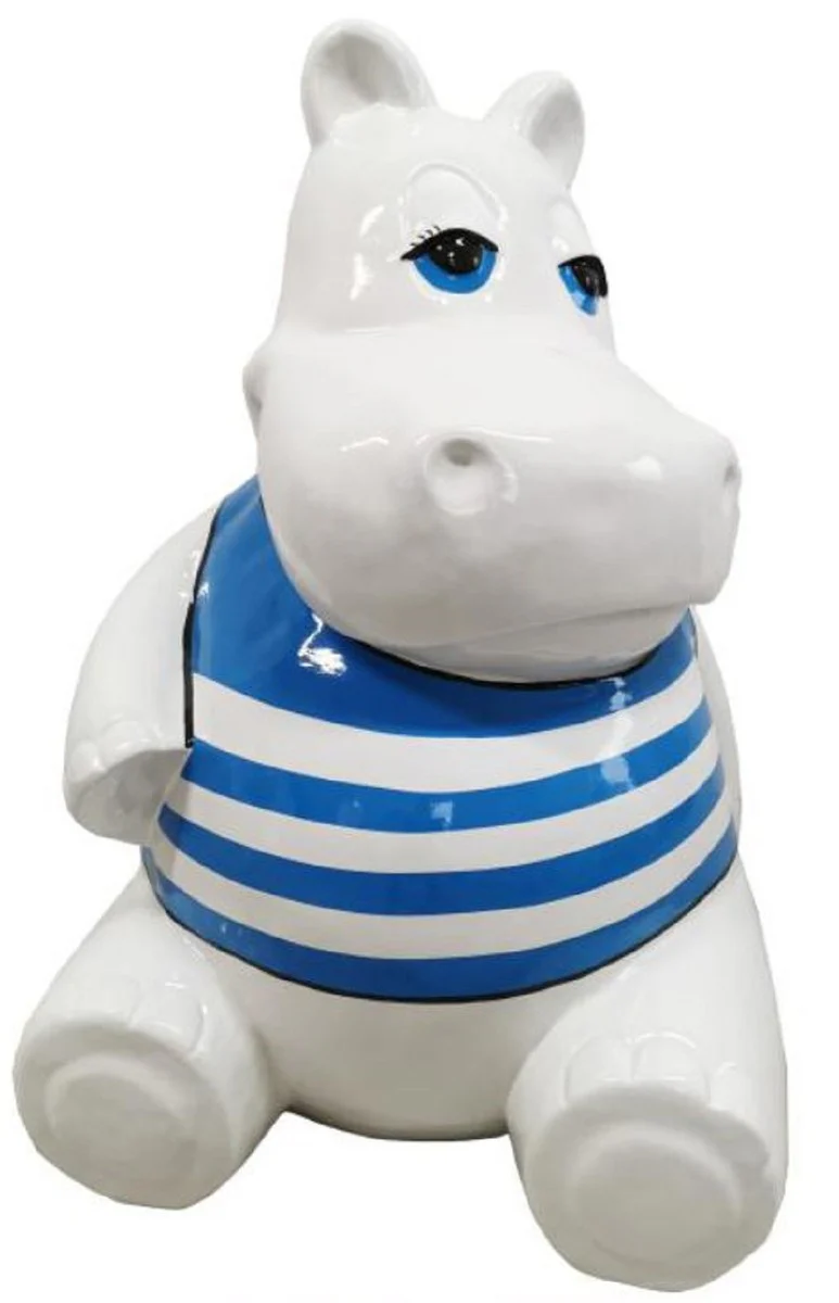 Casa Padrino escultura de diseño hipopótamo sentado blanco / azul A. 100 cm - Figura decorativa resistente a la intemperie - Decoración salón - Decoración jardín - Decoración terraza
