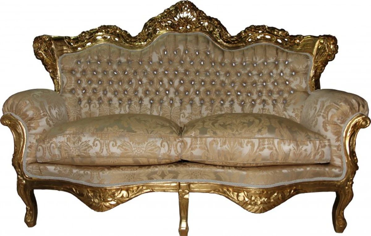 Casa Padrino Baroque 2-seater sofa Master Cream Baroque Pattern / Gold with Bling Bling Rhinestones Mod3 - living room sofa furniture Lounge