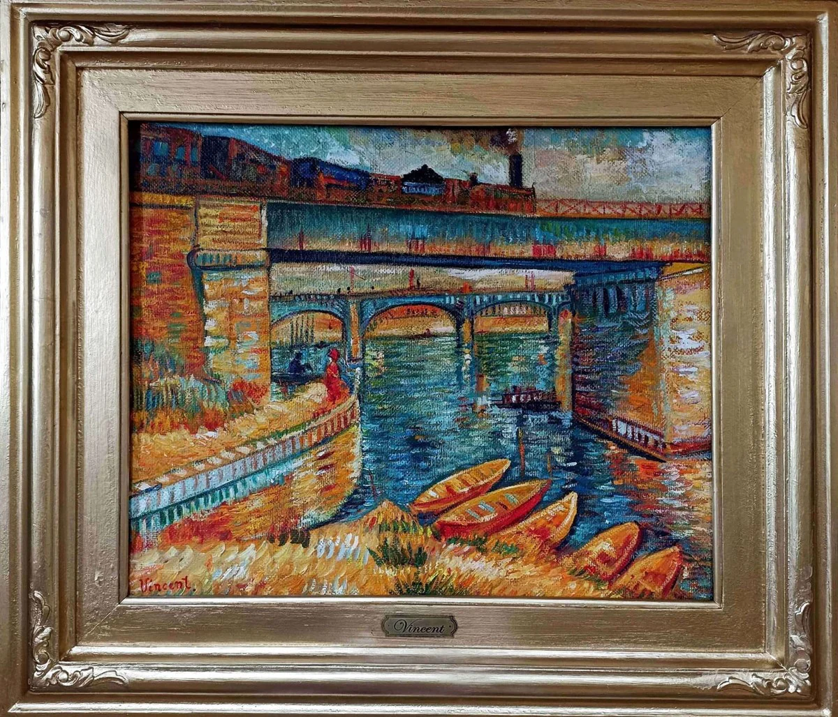 Cuadro pintura al óleo vintage según Vincent van Gogh Tren sobre Puente 82,55 x A. 76,5 cm - Pintura antigua auténtica según original - Pintada a mano