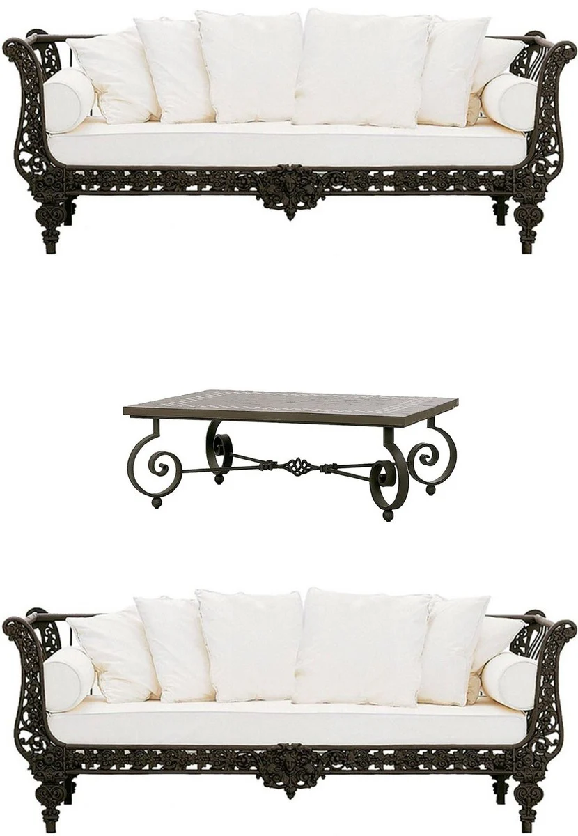 Casa Padrino Conjunto de Muebles de Hierro Forjado Barroco de Lujo Marr¨®n Oscuro / Blanco - 2 Sof¨¢s & 1 Mesa de Centro - Muebles de Sal¨®n - Muebles Jard¨ªn - Muebles Barrocos de Lujo