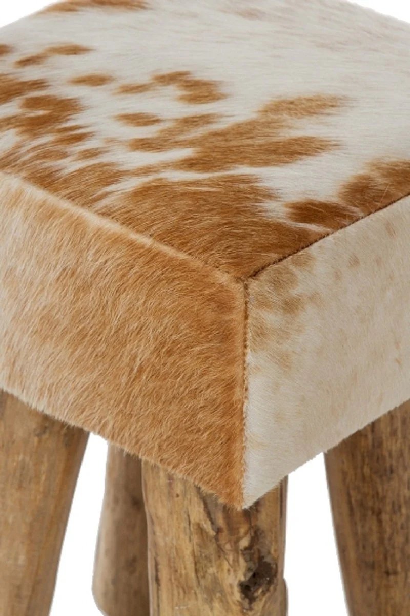 Casa Padrino taburete de piel de estilo campestre marrón / blanco / natural 30 x 30 x H. 45 cm - Taburete Sentado con Patas de Madera Maciza