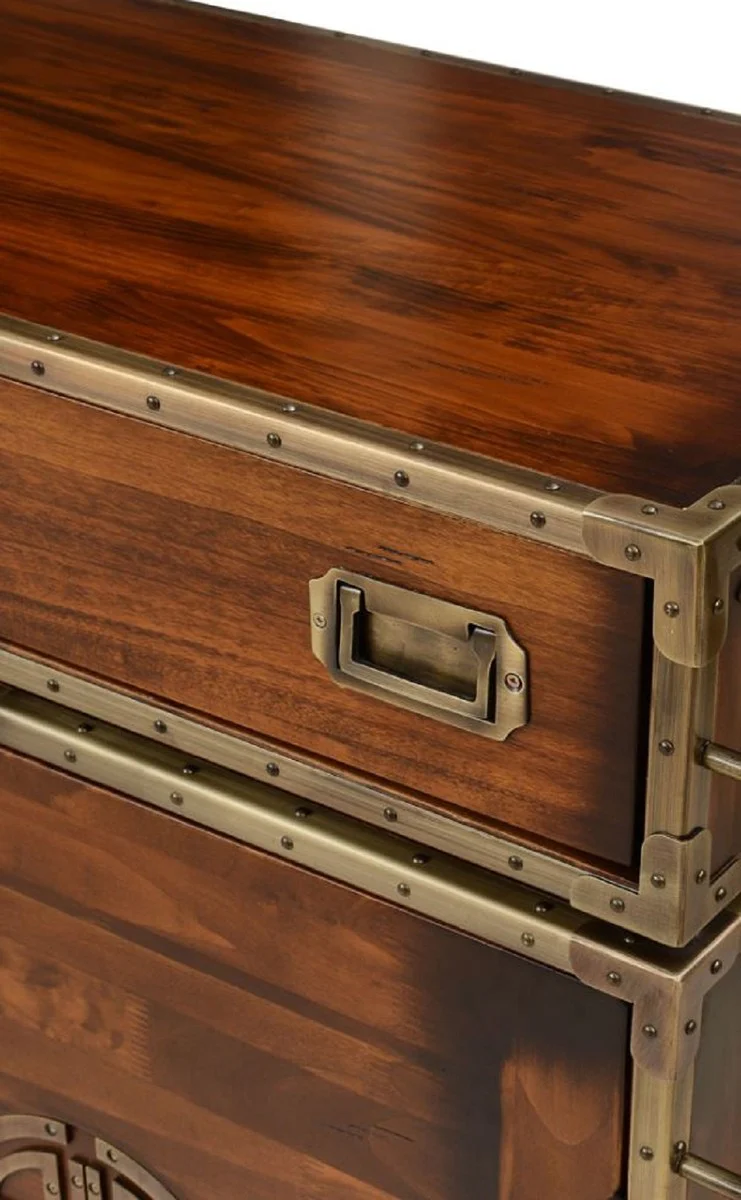 Casa Padrino aparador de estilo vintage de lujo con 3 cajones y 3 puertas marrón / latón 200 x 45 x A. 112,5 cm - Armario de estilo vintage - Muebles de madera maciza de estilo vintage de lujo