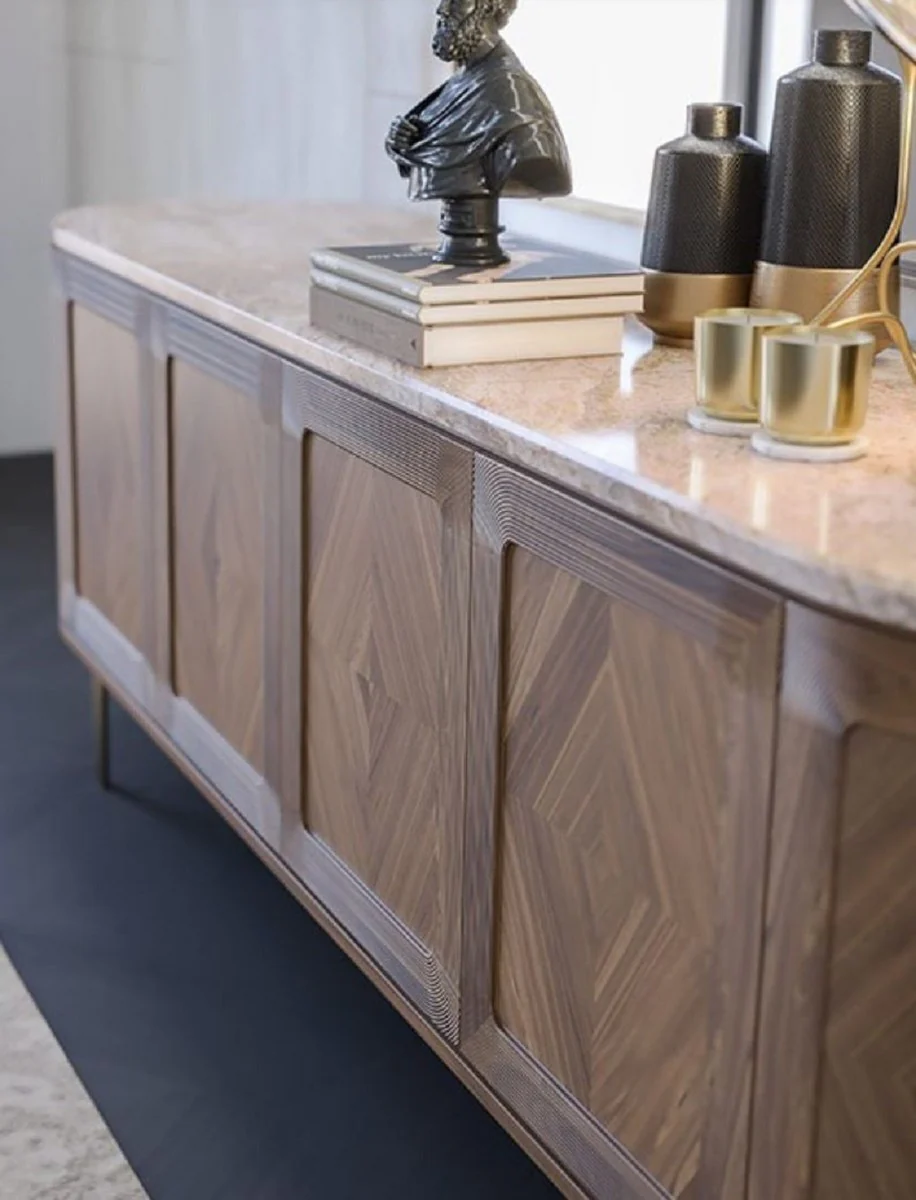 Casa Padrino aparador de lujo marr¨®n / beige / lat¨®n 244 x 56 x A. 85 cm - Armario ovalado de madera maciza con 4 puertas y tapa de m¨¢rmol - Muebles de comedor - Muebles de hotel - Muebles de lujo