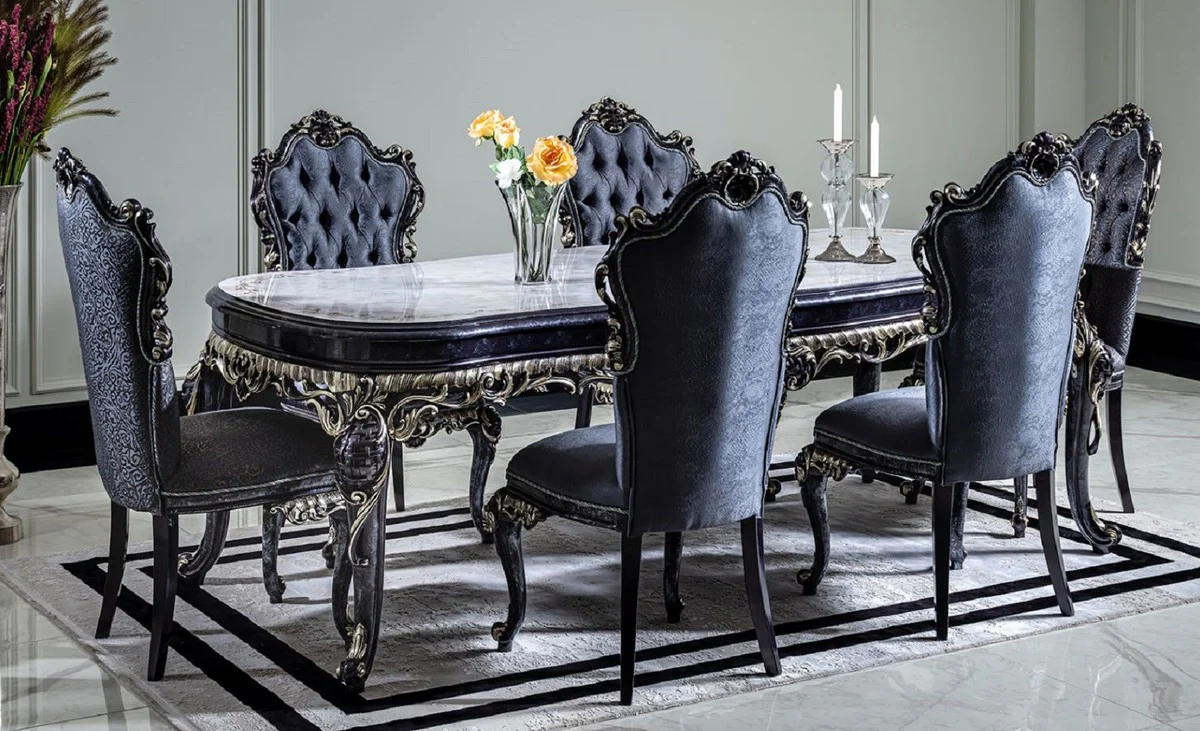 Casa Padrino conjunto de comedor barroco de lujo blanco / azul / oro - 1 Mesa de Comedor y 6 Sillas de Comedor - Muebles de comedor barrocos - Noble y Magn¨ªfico