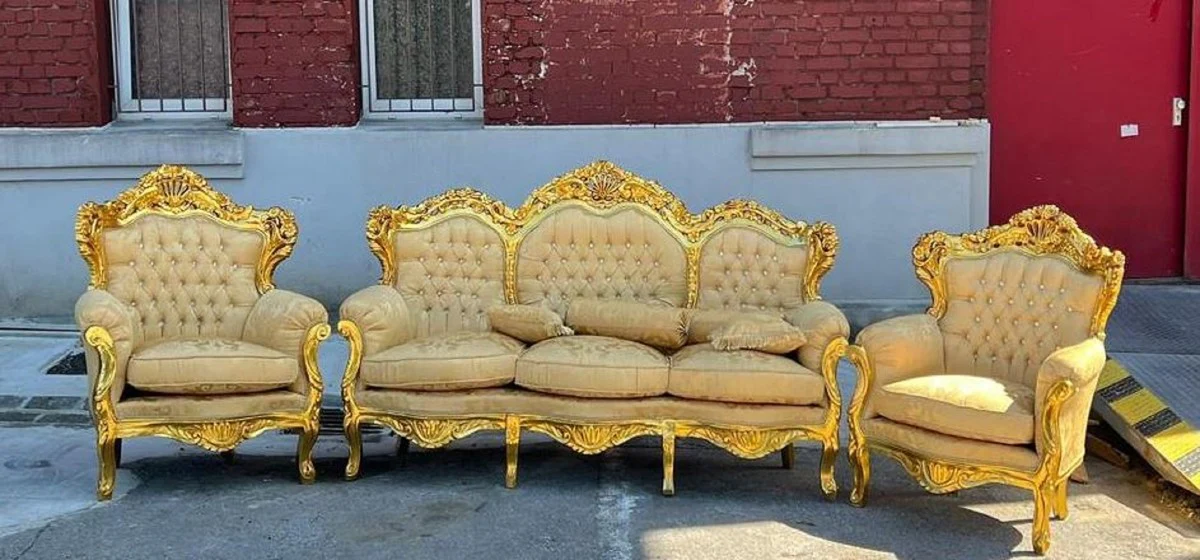 Casa Padrino conjunto de sala de estar barroco de lujo patr¨®n beige / oro - 1 Sof¨¢ Barroco y 2 Sillones Barrocos - Muebles de sal¨®n en estilo barroco - Muebles barrocos