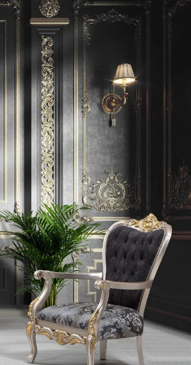 Casa Padrino conjunto de sala de estar barroco de lujo negro / plata / oro - 2 Sof¨¢s y 2 Sillones y 1 Mesa de Centro - Muebles de sal¨®n en estilo barroco - Noble y Magn¨ªfica