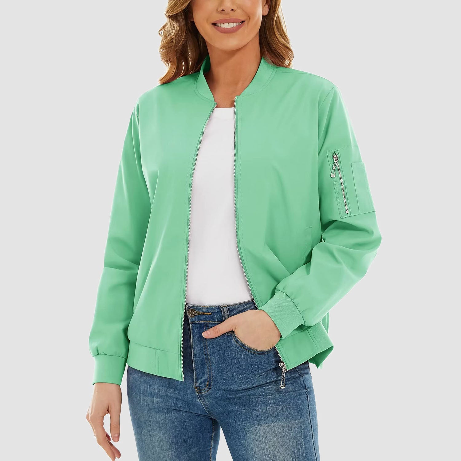Women's Bomber Jackets Casual Jacket with 3 Pockets Spring Windbrealer Coat Fashion Outwear
