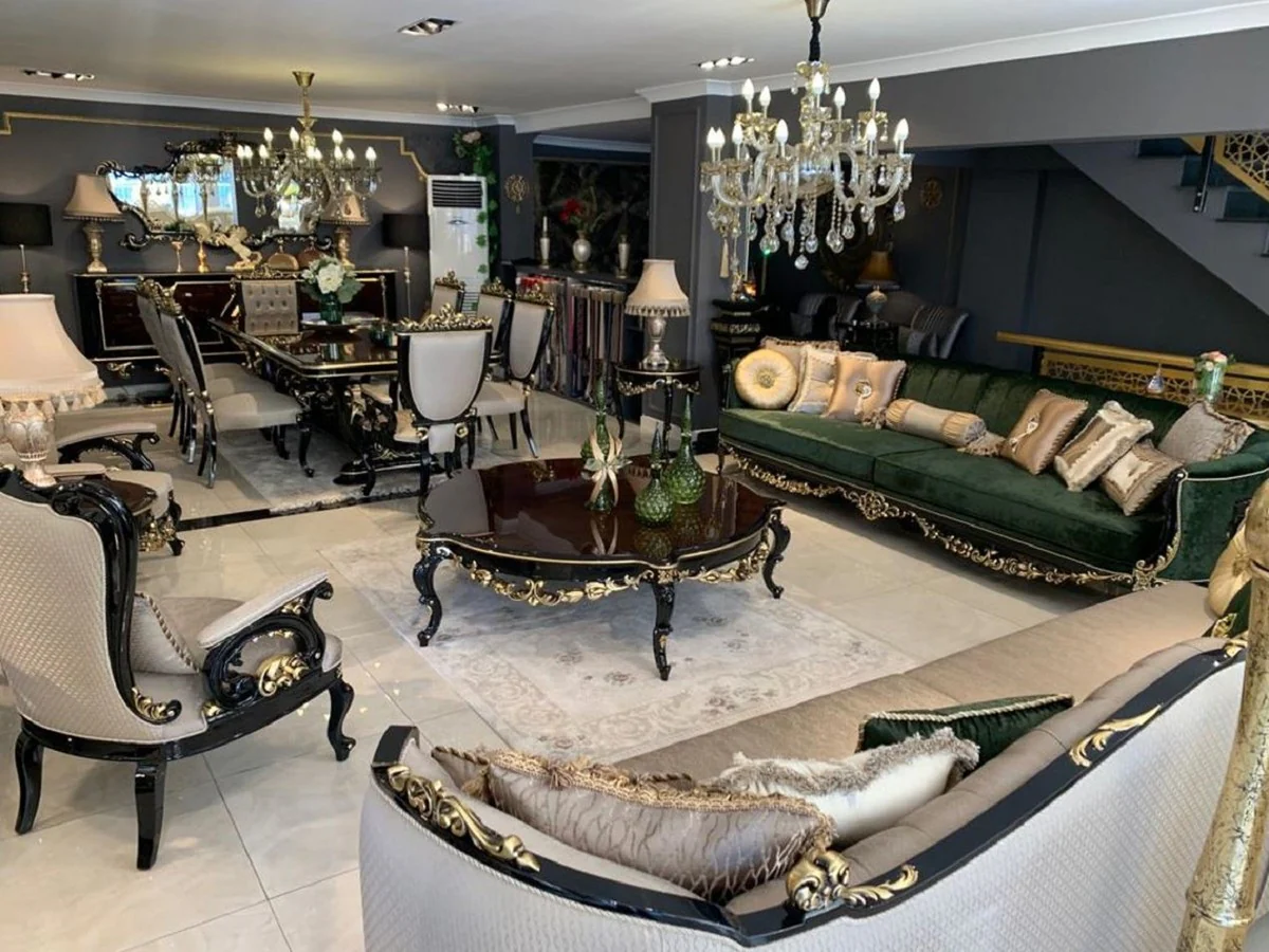 Casa Padrino sof¨¢ barroco de lujo plata / negro / oro - Magn¨ªfico sal¨®n de estilo barroco - Muebles de sal¨®n barrocos - Noble y Magn¨ªfico