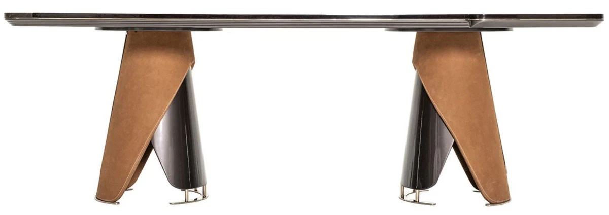 Casa Padrino mesa de comedor de lujo marr¨®n oscuro / gris / marr¨®n claro / oro 240 x 113 x A. 79,5 cm - Mesa de comedor de madera maciza con tablero de aspecto m¨¢rmol - Muebles de comedor de lujo