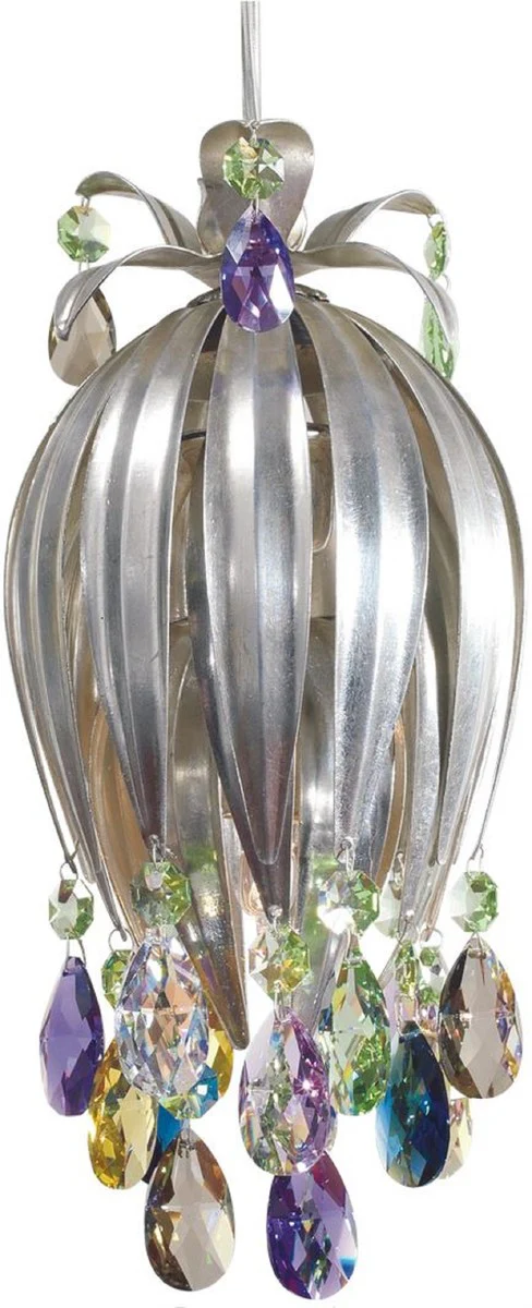 Casa Padrino lámpara colgante LED de lujo plata / multicolor Ø 12 x A. 26 cm - Lámpara colgante de metal moderna con cristal Swarovski - Colección de Lujo