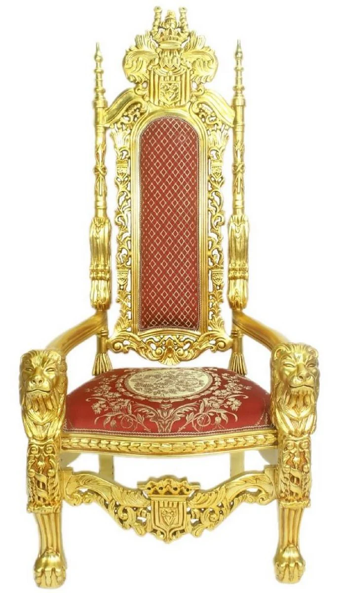 Casa Padrino Sill¨®n Trono Barroco Le¨®n Rojo / Oro 70 x 60 x H. 180 cm - Suntuoso Sill¨®n Gigante - Silla Real - Sill¨®n de Boda - Muebles Barrocos