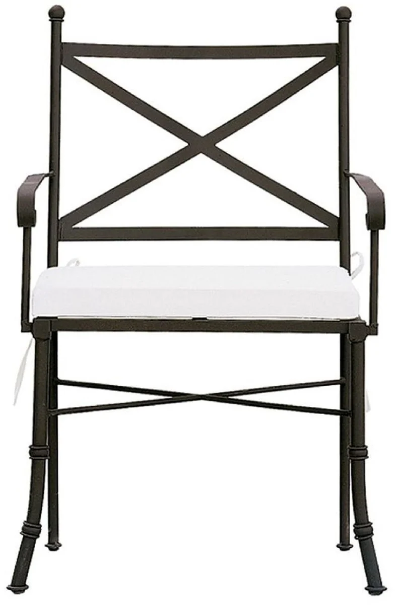 Casa Padrino conjunto de silla de jardín con reposabrazos y cojines de asiento marrón / blanco 61 x 51 x A. 97 cm - Sillas de comedor forjadas a mano - Muebles de Comedor de Jardín de Patio