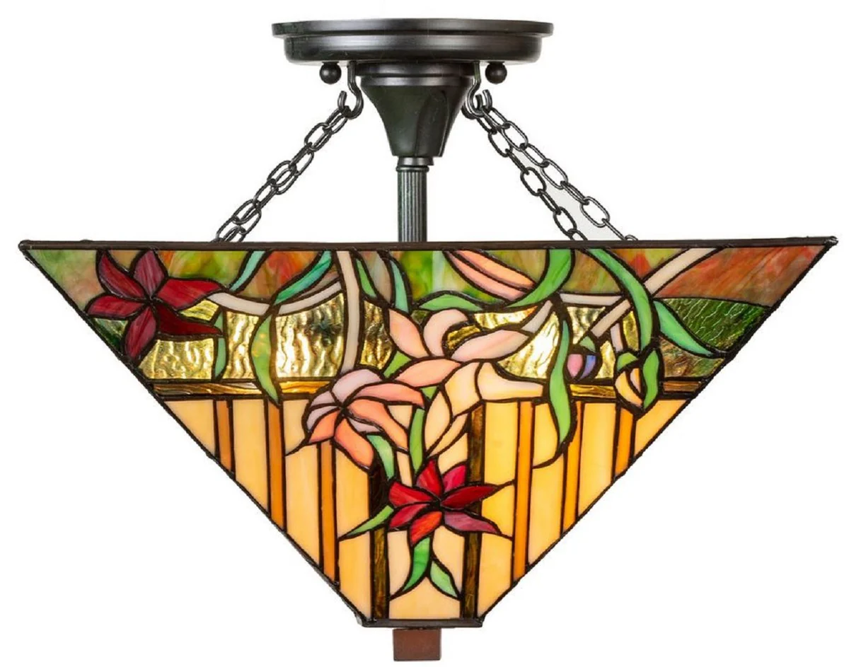 Casa Padrino Lámpara de Techo Tiffany de Lujo Multicolor 40 x 40 x H. 34 cm - Lámpara Tiffany con Pantalla de Vidrio Hecha a Mano