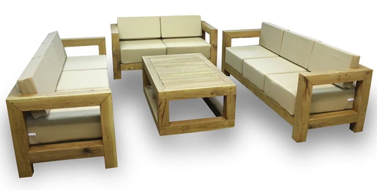 Casa Padrino conjunto de muebles de jard¨ªn de madera maciza de lujo beige / natural - 3 Sof¨¢s y 1 Mesa de Centro - Muebles de jard¨ªn y patio modernos de madera de roble