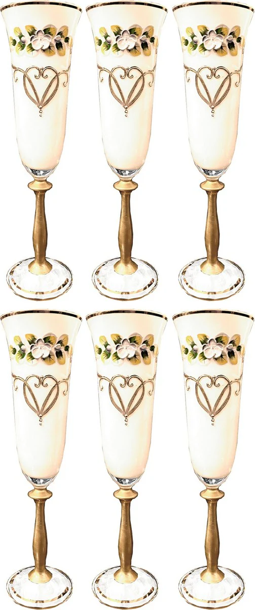 Casa Padrino conjunto de 6 copas de champ¨¢n Art Nouveau de lujo blanco / multicolor / oro - Copas de champ¨¢n hechas a mano y grabadas a mano con ba?o de oro de 24 quilates