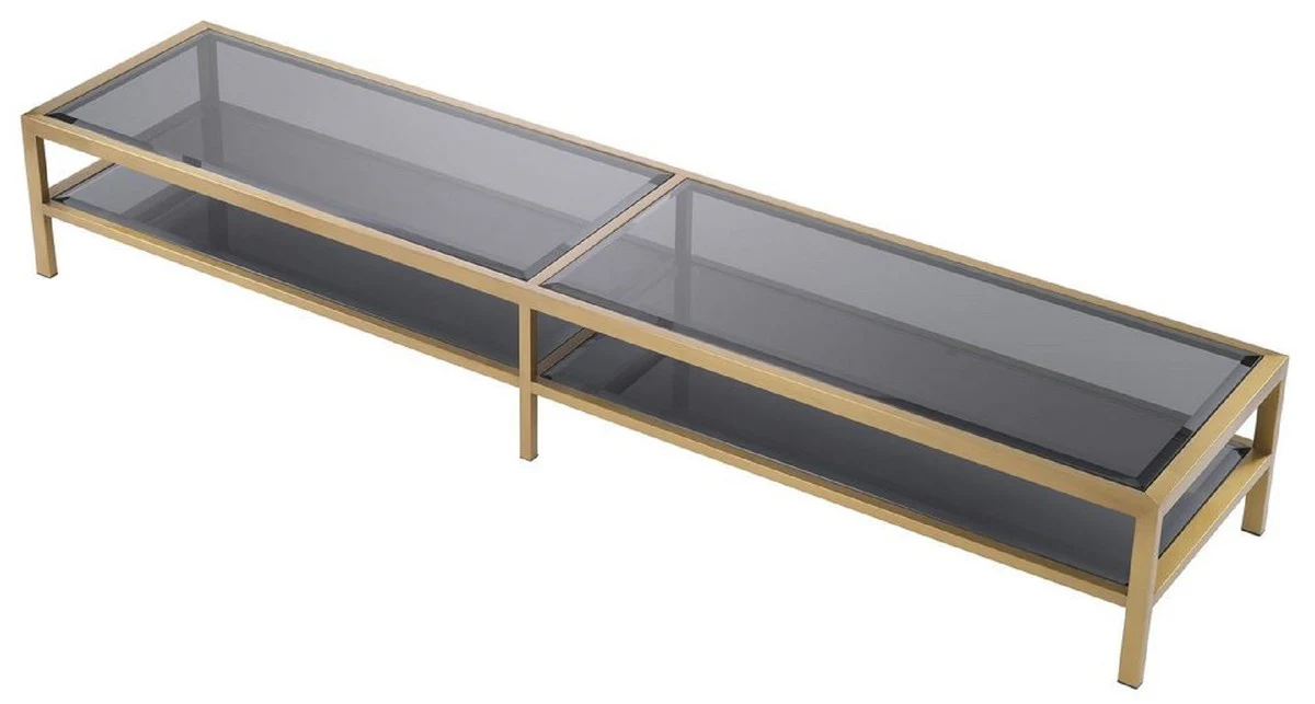 Casa Padrino armario de TV de lujo lat¨®n / gris 200 x 45 x A. 30 cm - Aparador de acero inoxidable con tapas de vidrio tintado - Muebles de sal¨®n de lujo