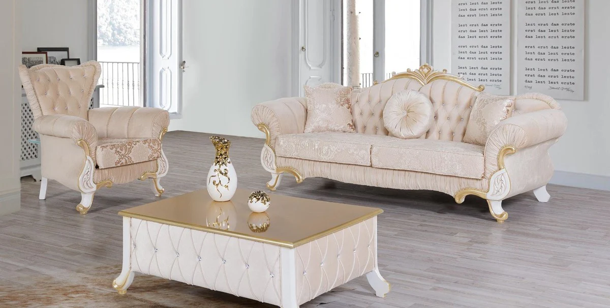 Casa Padrino conjunto de sala de estar barroco beige / blanco / oro - 2 Sof¨¢s y 2 Sillones y 1 Mesa de Centro - Muebles de sala en estilo barroco - Muebles Barrocos Nobles