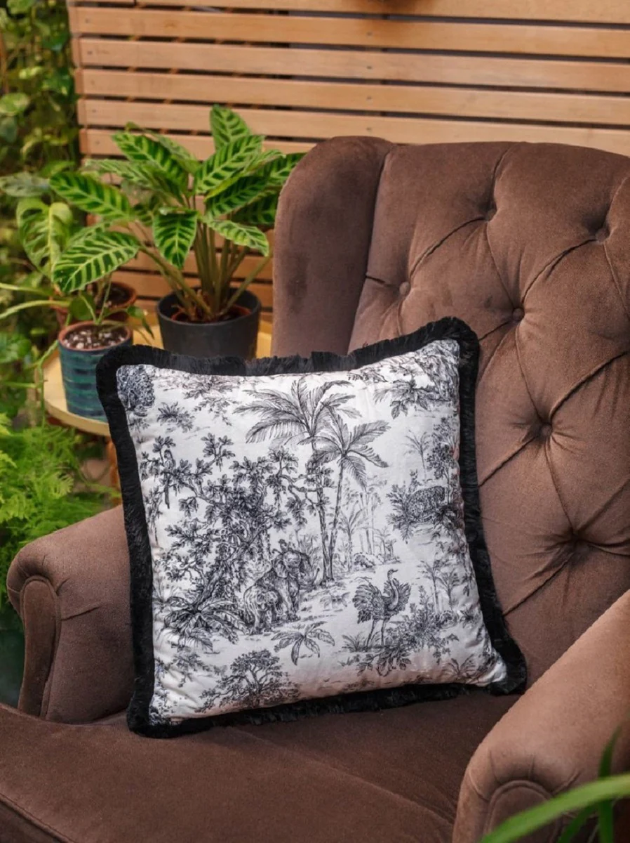 Casa Padrino almohada decorativa de lujo selva blanco / negro 45 x 45 cm - Almohada de terciopelo estampada con flecos - Calidad de lujo