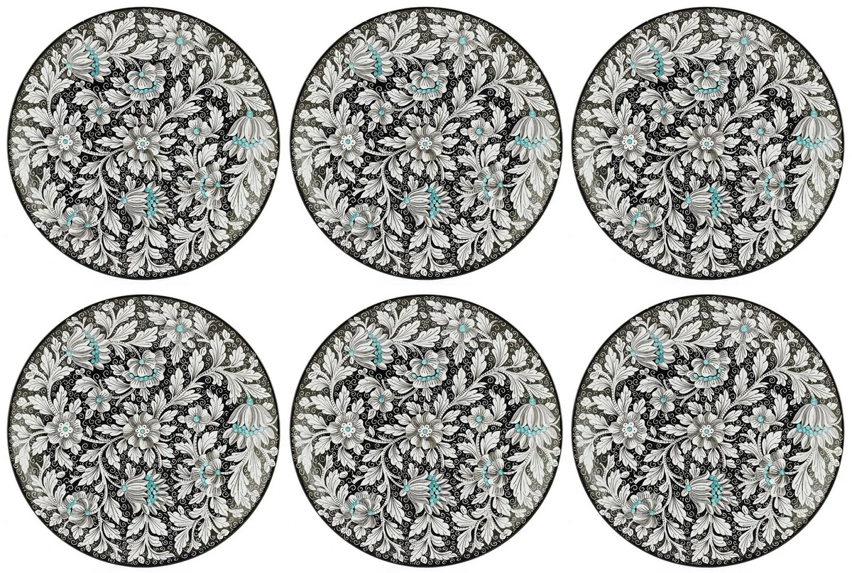 Casa Padrino conjunto de 6 platos de cerámica de lujo negro / multicolor Ø 40 cm - Platos llanos hechos y pintados a mano con diseño floral - Accesorios hoteles y restaurantes - Hecho en Italia