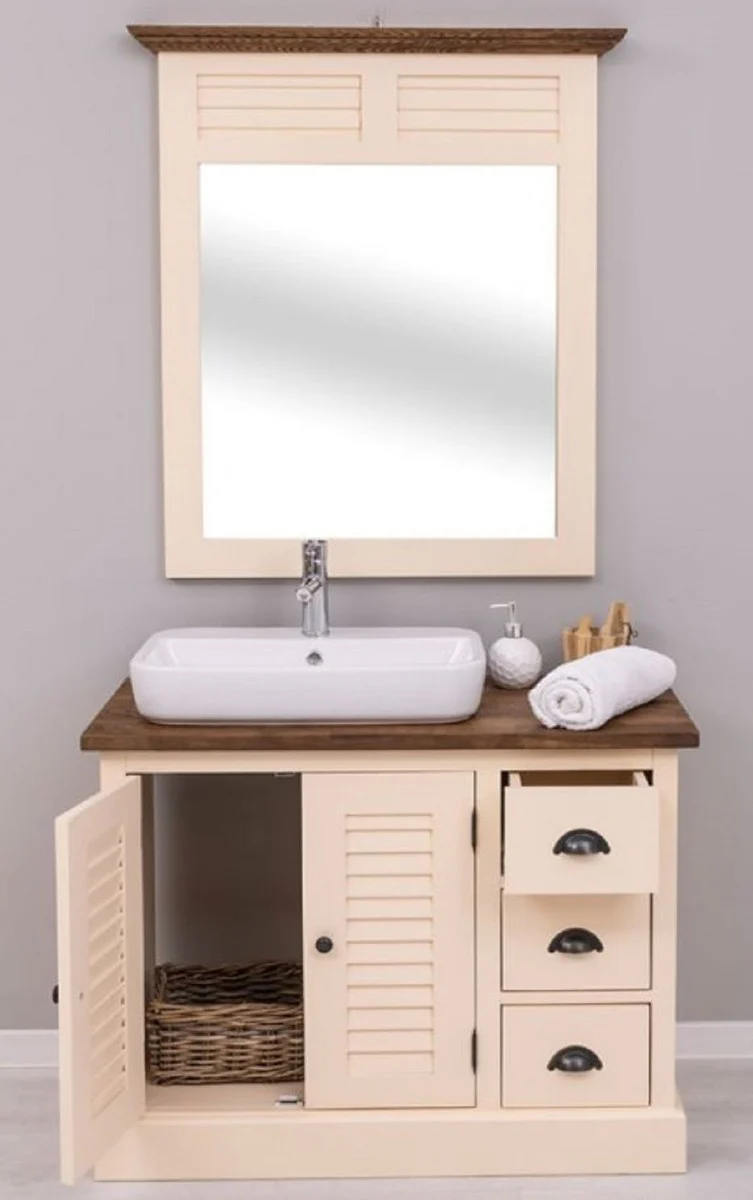 Casa Padrino conjunto de baño de estilo campestre beige / marrón oscuro - 1 Tocador con Lavabo y Grifería y 1 Espejo de Pared - Mueble de baño de estilo campestre